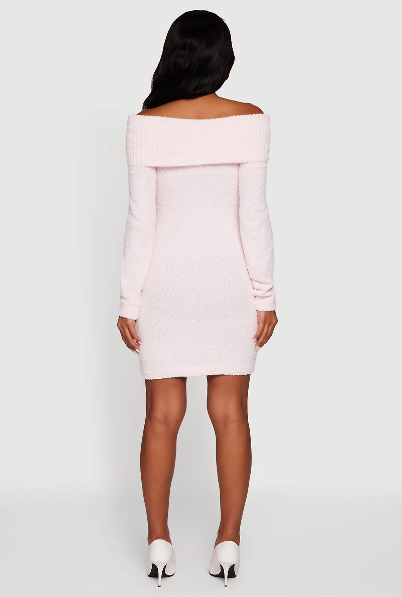 Womens Eyelash Knit Fold Over Off the Shoulder Sweater Dress, M