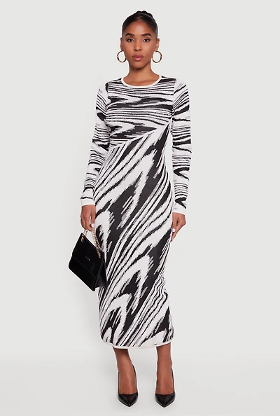 Abstract Print Long Sleeve Sweater Dress