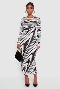 Abstract Print Long Sleeve Sweater Dress