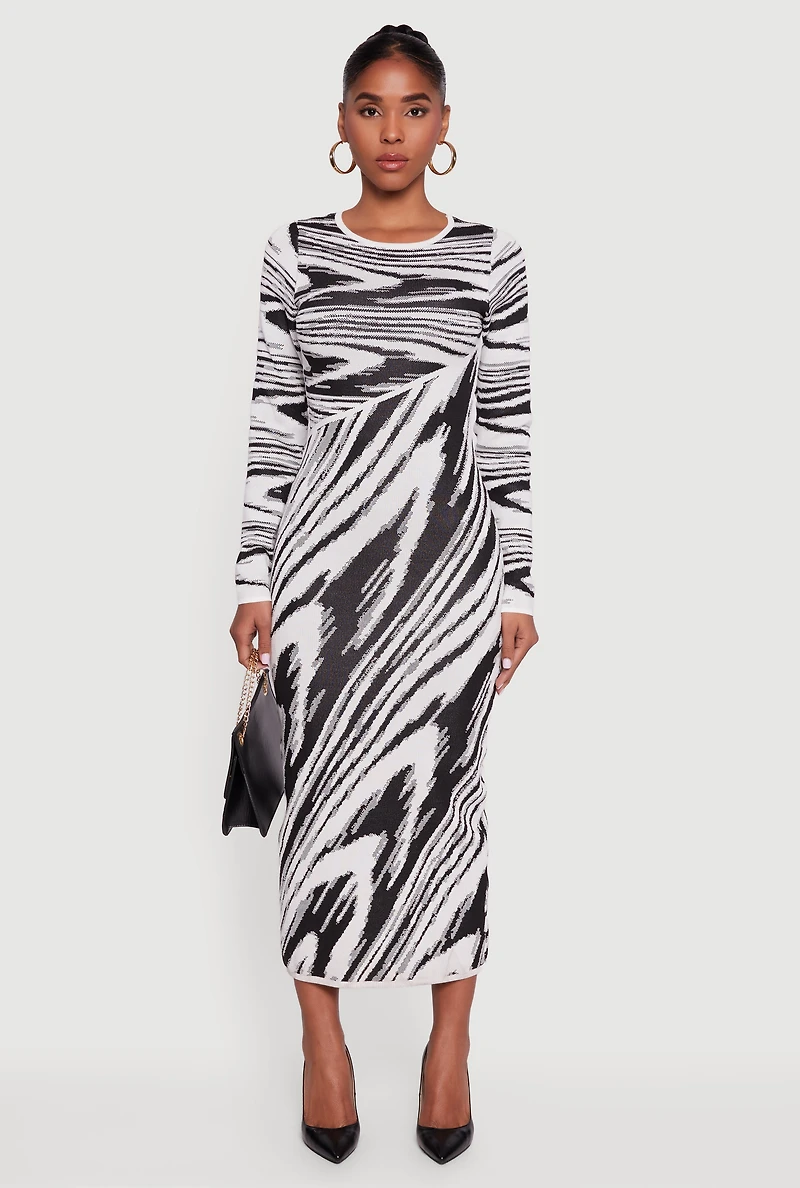Abstract Print Long Sleeve Sweater Dress