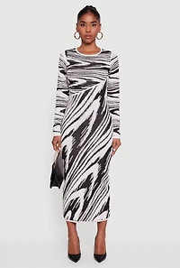 Abstract Print Long Sleeve Sweater Dress