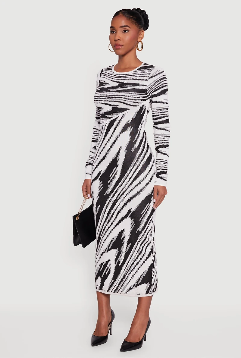 Abstract Print Long Sleeve Sweater Dress