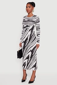 Abstract Print Long Sleeve Sweater Dress
