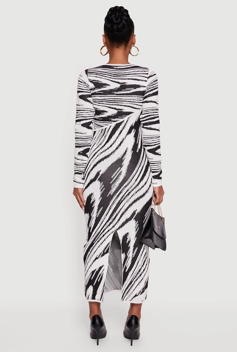 Abstract Print Long Sleeve Sweater Dress