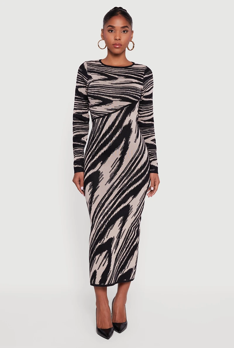 Abstract Print Long Sleeve Sweater Dress