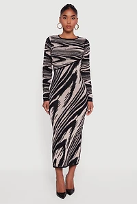 Abstract Print Long Sleeve Sweater Dress