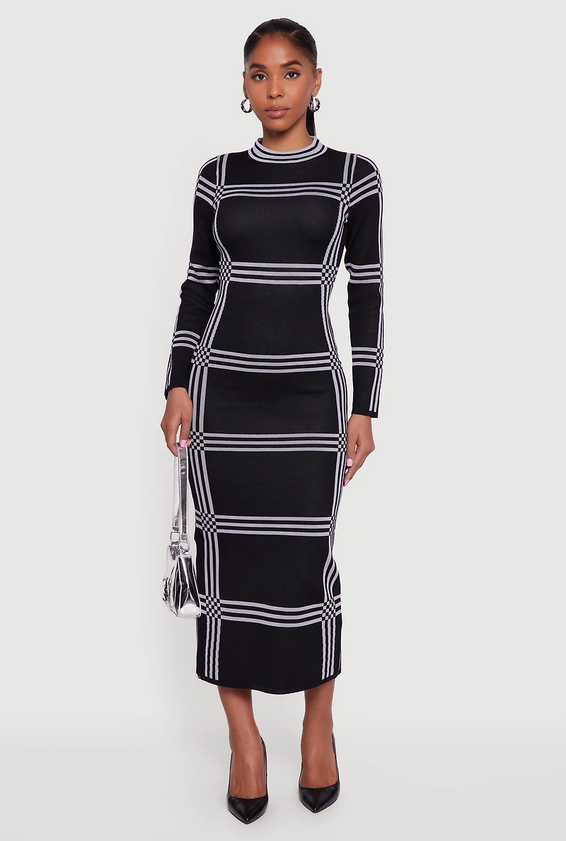 Womens Long Sleeve Windowpane Plaid Back Slit Sweater Dress,