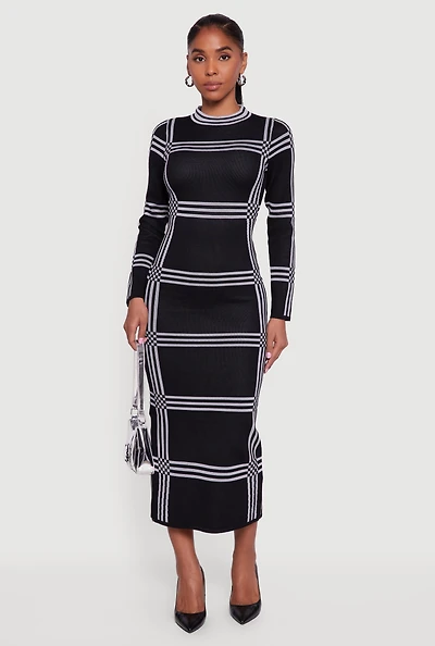 Womens Long Sleeve Windowpane Plaid Back Slit Sweater Dress, Black, Size L