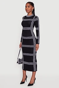 Womens Long Sleeve Windowpane Plaid Back Slit Sweater Dress,