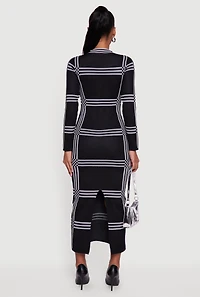Womens Long Sleeve Windowpane Plaid Back Slit Sweater Dress,