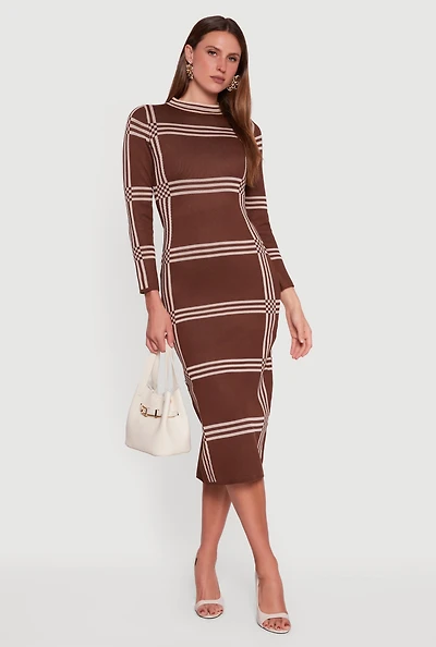 Long Sleeve Windowpane Plaid Back Slit Sweater Dress