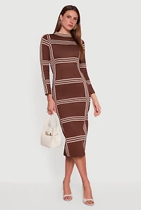 Long Sleeve Windowpane Plaid Back Slit Sweater Dress