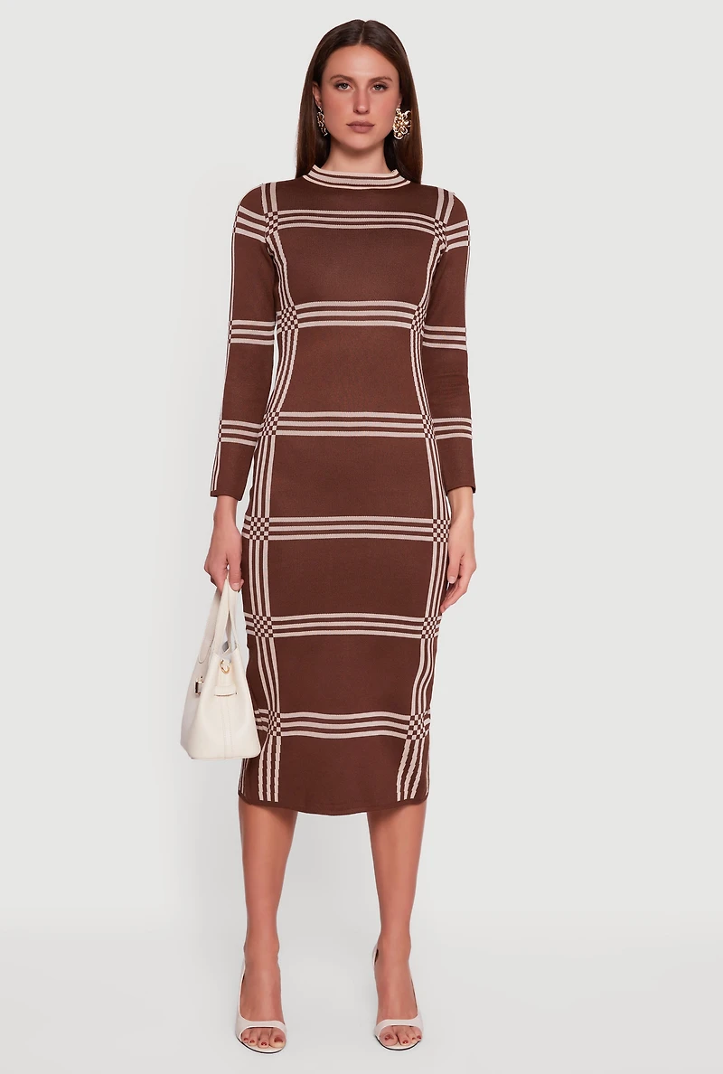 Long Sleeve Windowpane Plaid Back Slit Sweater Dress