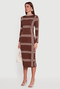 Long Sleeve Windowpane Plaid Back Slit Sweater Dress
