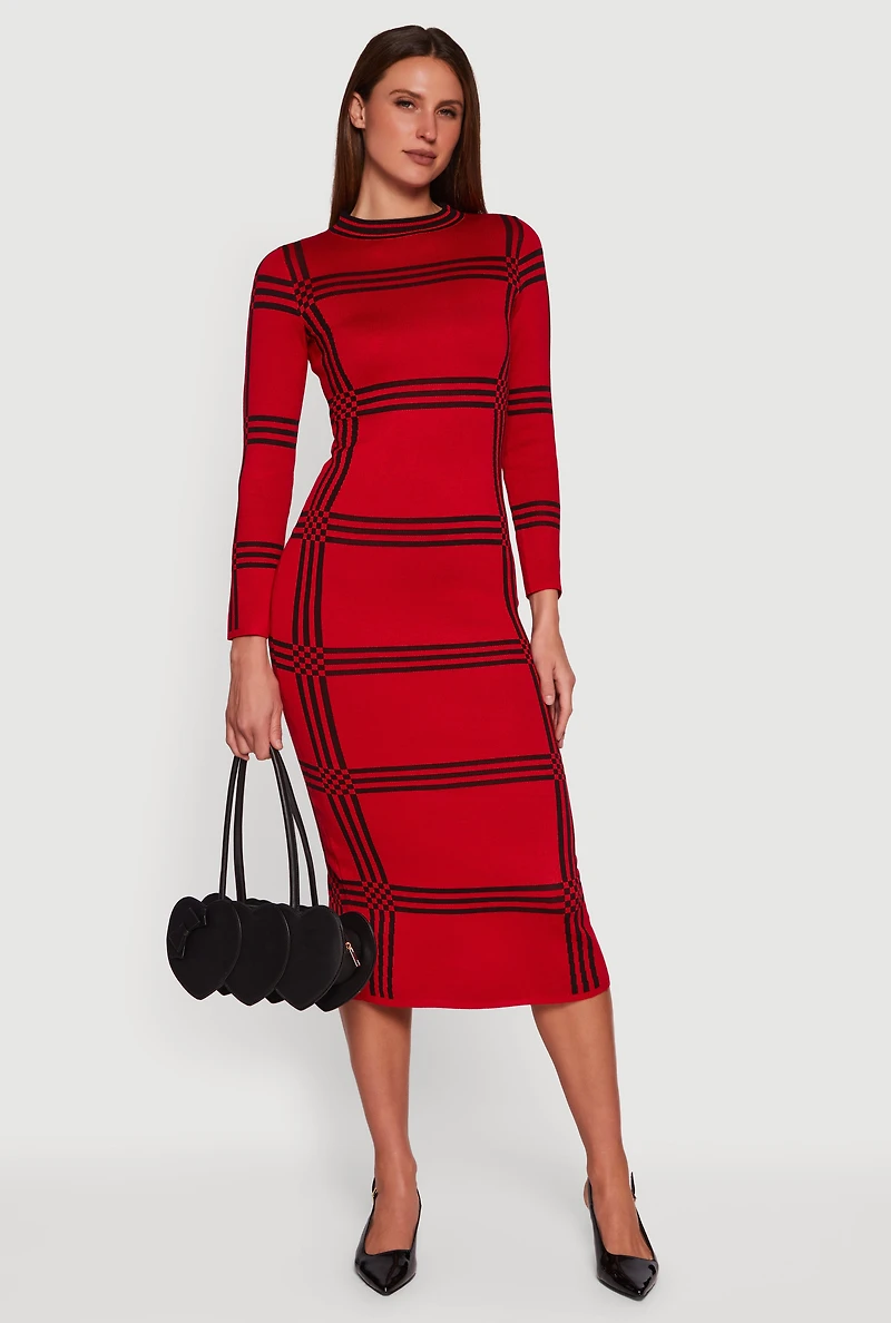 Womens Long Sleeve Windowpane Plaid Back Slit Sweater Dress, Red, Size M