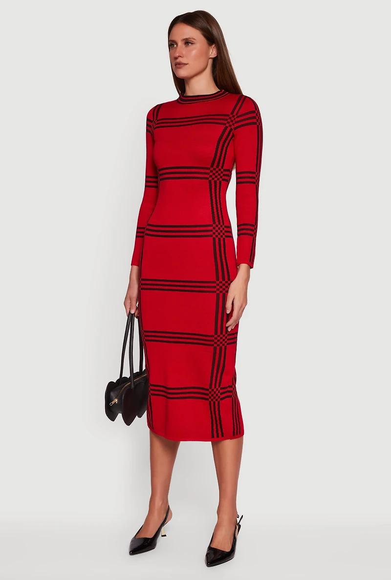 Womens Long Sleeve Windowpane Plaid Back Slit Sweater Dress, Red, Size L