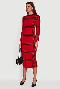 Womens Long Sleeve Windowpane Plaid Back Slit Sweater Dress, Red, Size L