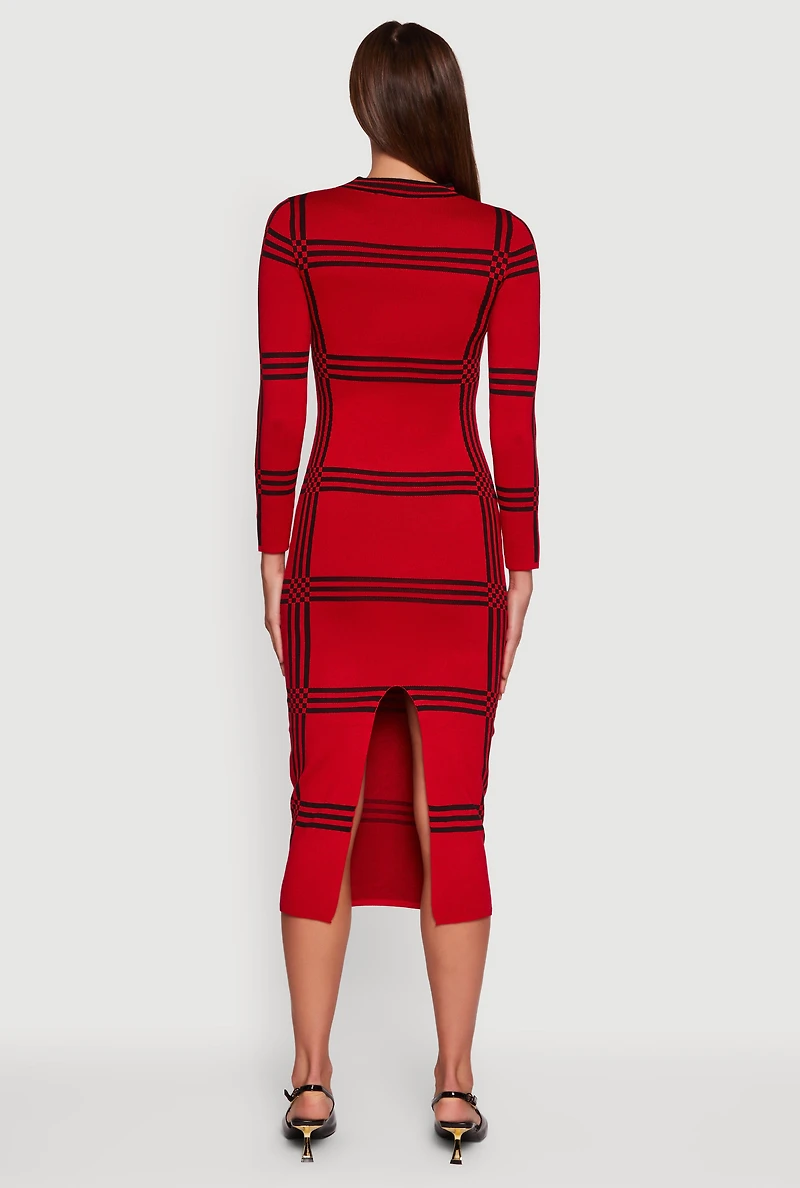 Womens Long Sleeve Windowpane Plaid Back Slit Sweater Dress, Red, Size M