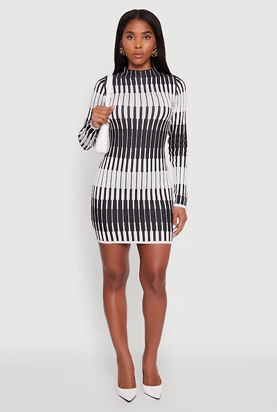 Womens Trendy Mock Neck Striped Long Sleeve Sweater Dress, Multi, Size S