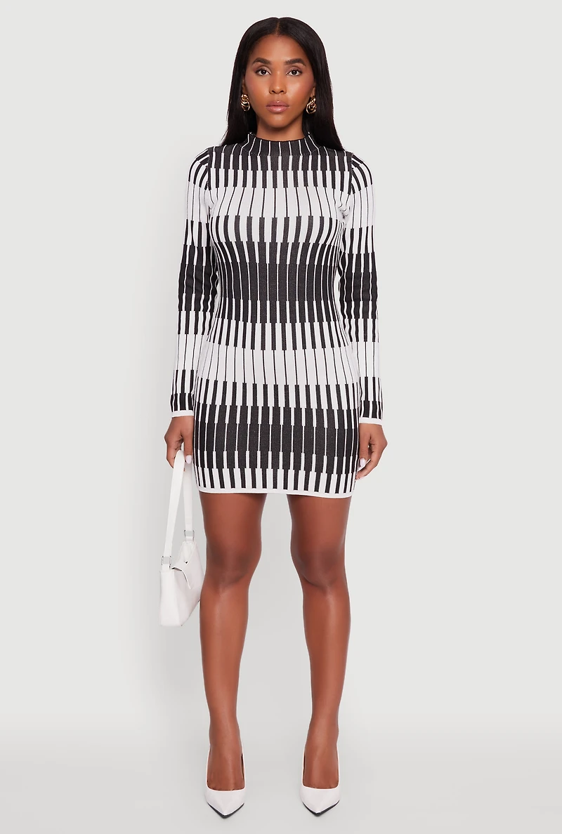 Womens Trendy Mock Neck Striped Long Sleeve Sweater Dress, Multi, Size S