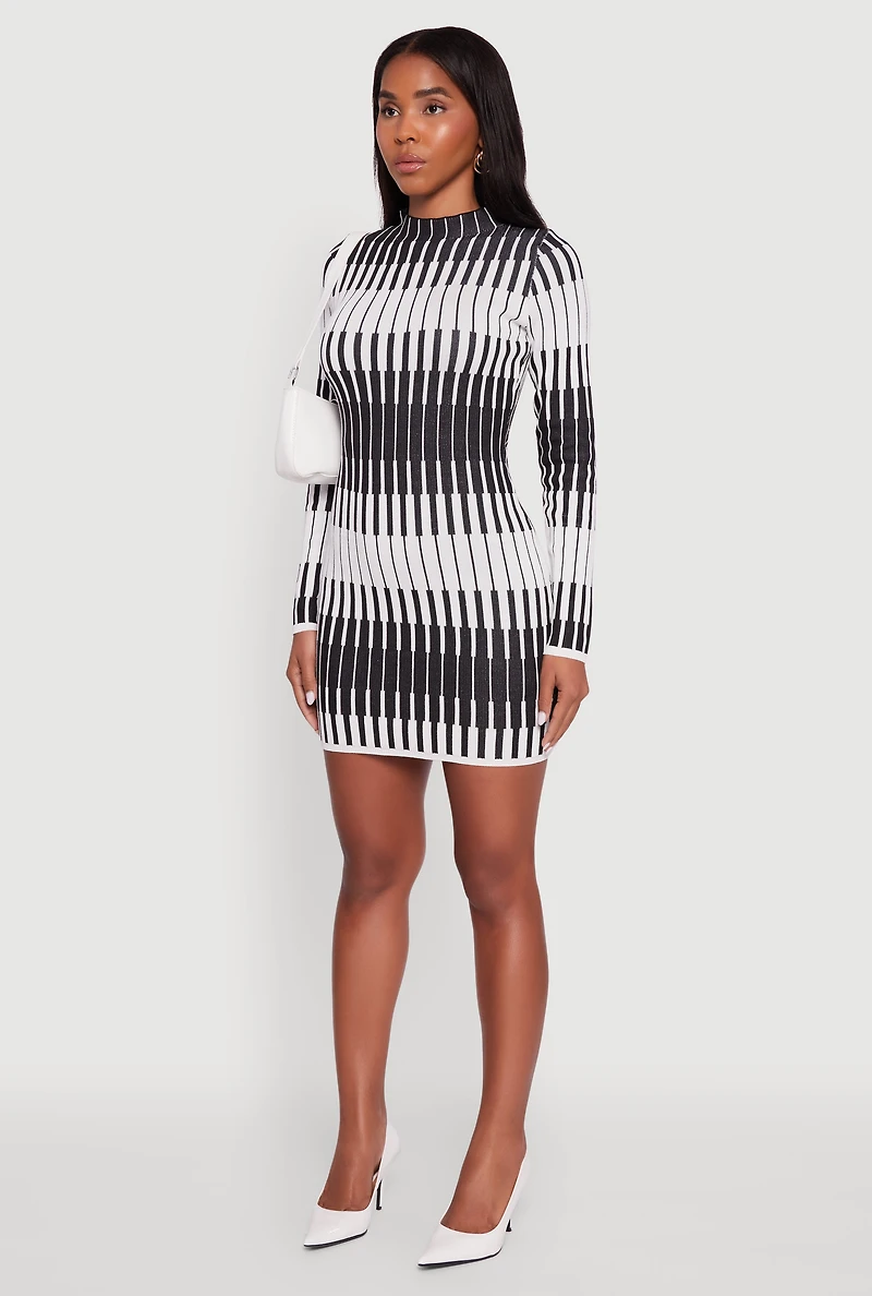 Womens Trendy Mock Neck Striped Long Sleeve Sweater Dress, Multi, Size S
