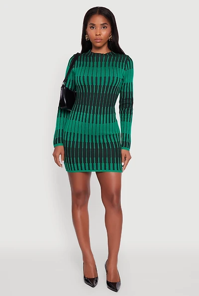 Trendy Mock Neck Striped Long Sleeve Sweater Dress