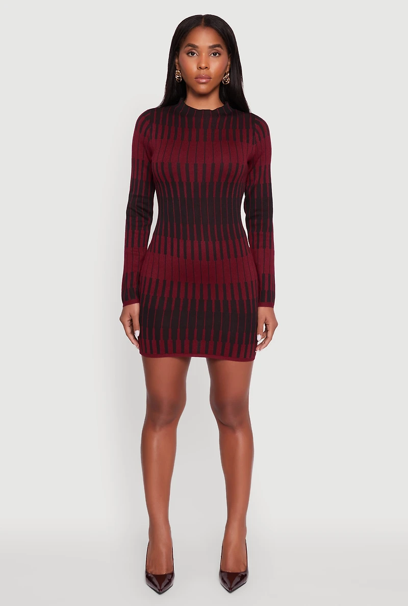 Womens Trendy Mock Neck Striped Long Sleeve Sweater Dress, Burgundy, Size L