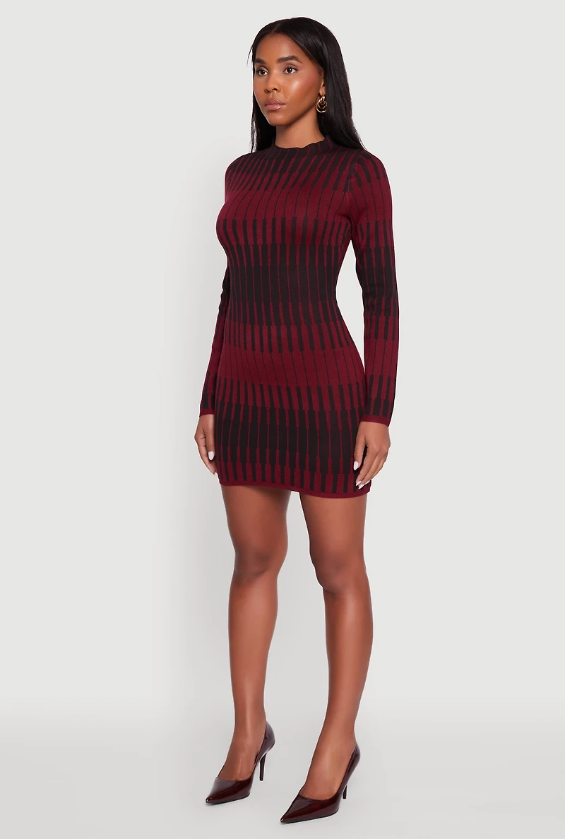 Womens Trendy Mock Neck Striped Long Sleeve Sweater Dress, Burgundy, Size L