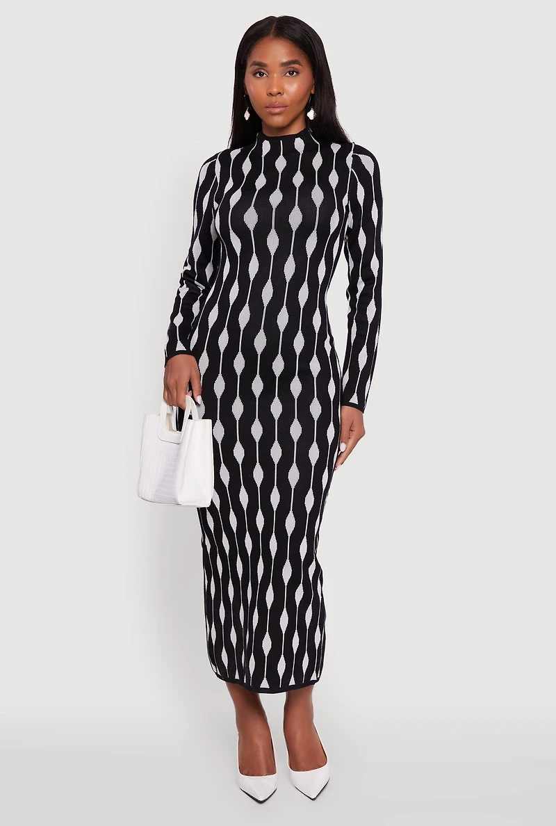 Womens Chic Long Sleeve Printed Pattern Bodycon Sweater Dress, Multi, Size S