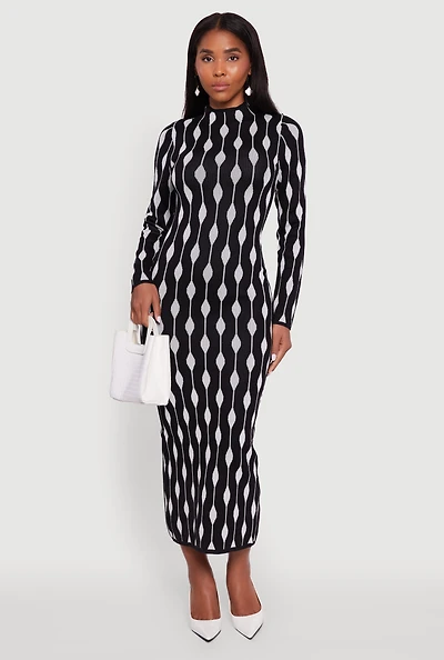 Womens Chic Long Sleeve Printed Pattern Bodycon Sweater Dress, Multi, Size S
