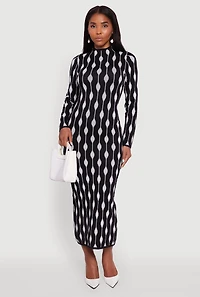 Womens Chic Long Sleeve Printed Pattern Bodycon Sweater Dress, Multi, Size S
