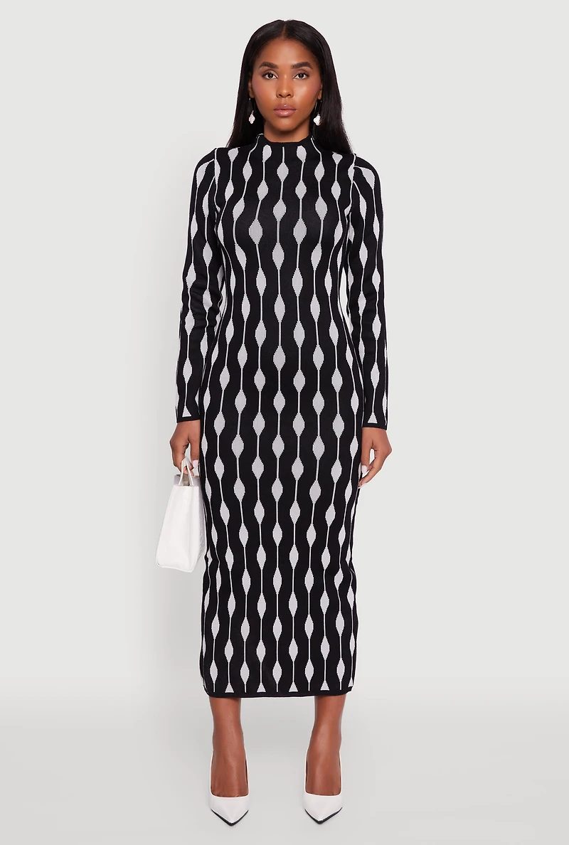 Womens Chic Long Sleeve Printed Pattern Bodycon Sweater Dress, Multi, Size S