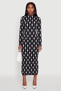 Womens Chic Long Sleeve Printed Pattern Bodycon Sweater Dress, Multi, Size S