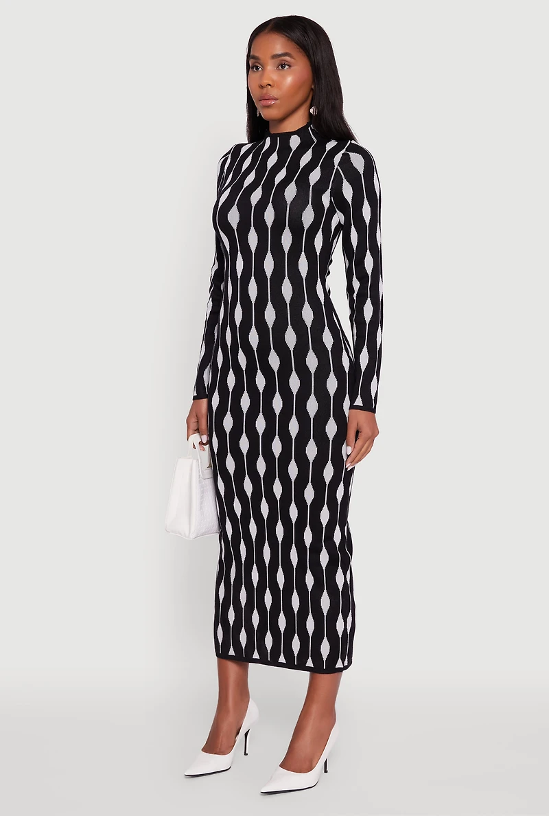 Womens Chic Long Sleeve Printed Pattern Bodycon Sweater Dress, Multi, Size S