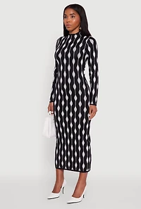 Womens Chic Long Sleeve Printed Pattern Bodycon Sweater Dress, Multi, Size S