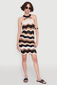 Womens Wavy Stripe Crochet Halter Dress, Multi,