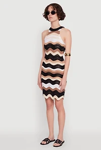 Wavy Stripe Crochet Halter Dress