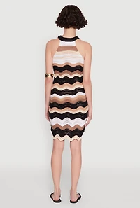 Wavy Stripe Crochet Halter Dress