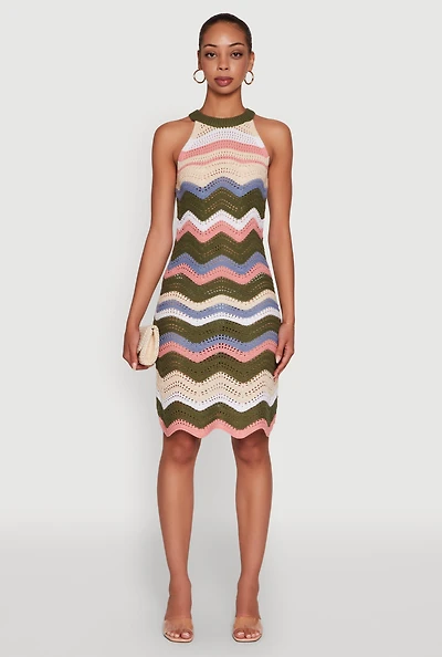 Womens Wavy Stripe Crochet Halter Dress, Multi,