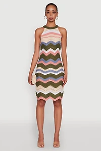 Womens Wavy Stripe Crochet Halter Dress, Multi,