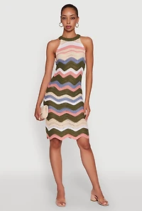 Womens Wavy Stripe Crochet Halter Dress, Multi,