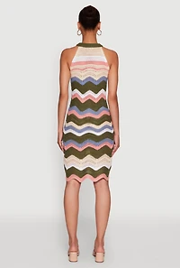 Womens Wavy Stripe Crochet Halter Dress, Multi,
