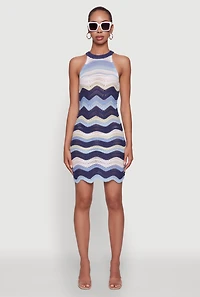 Womens Wavy Stripe Crochet Halter Dress,