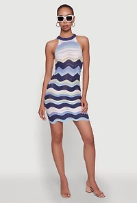 Womens Wavy Stripe Crochet Halter Dress,