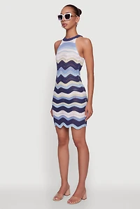 Womens Wavy Stripe Crochet Halter Dress,