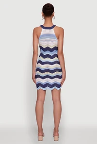 Womens Wavy Stripe Crochet Halter Dress,