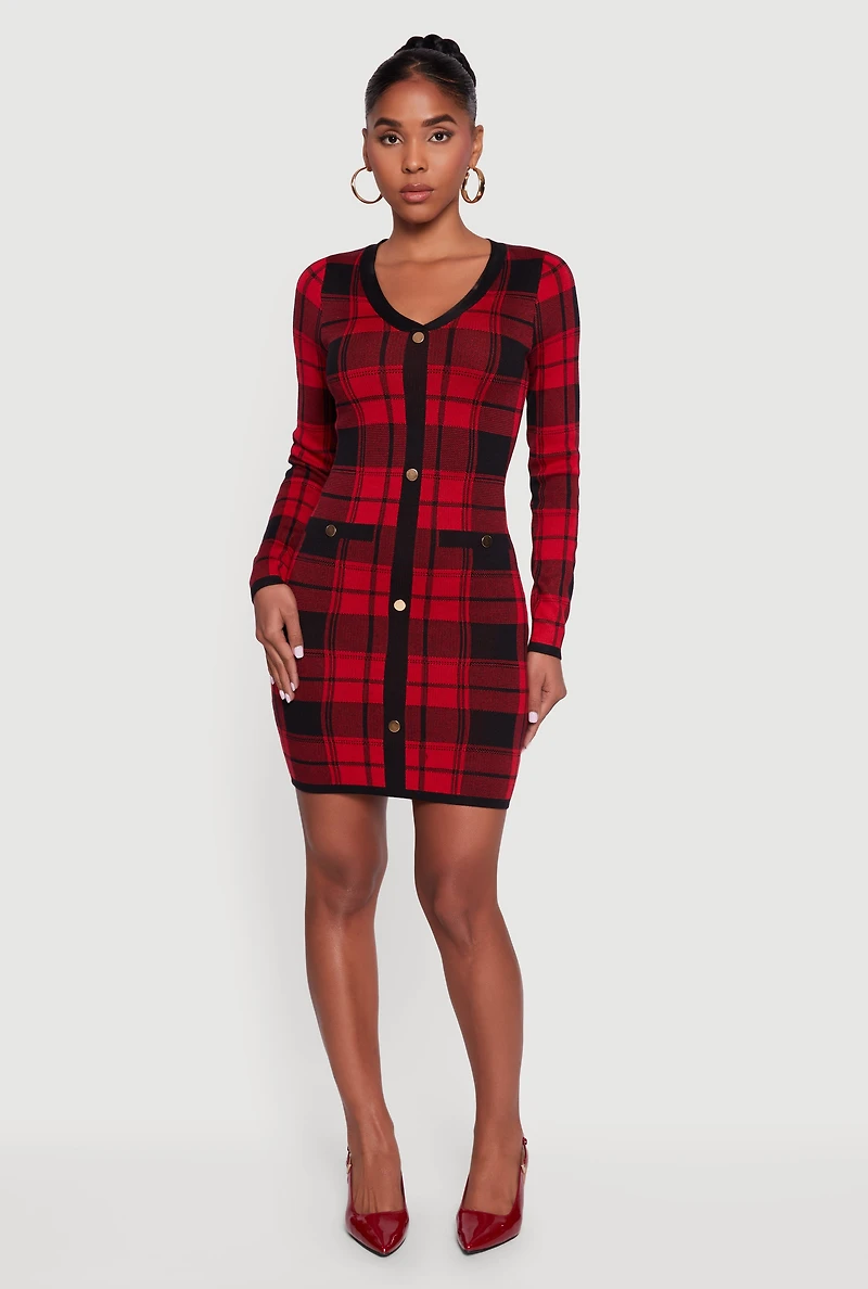 Womens Faux Button Long Sleeve V Neck Plaid Sweater Dress, Red, Size M