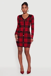Womens Faux Button Long Sleeve V Neck Plaid Sweater Dress, Red, Size M