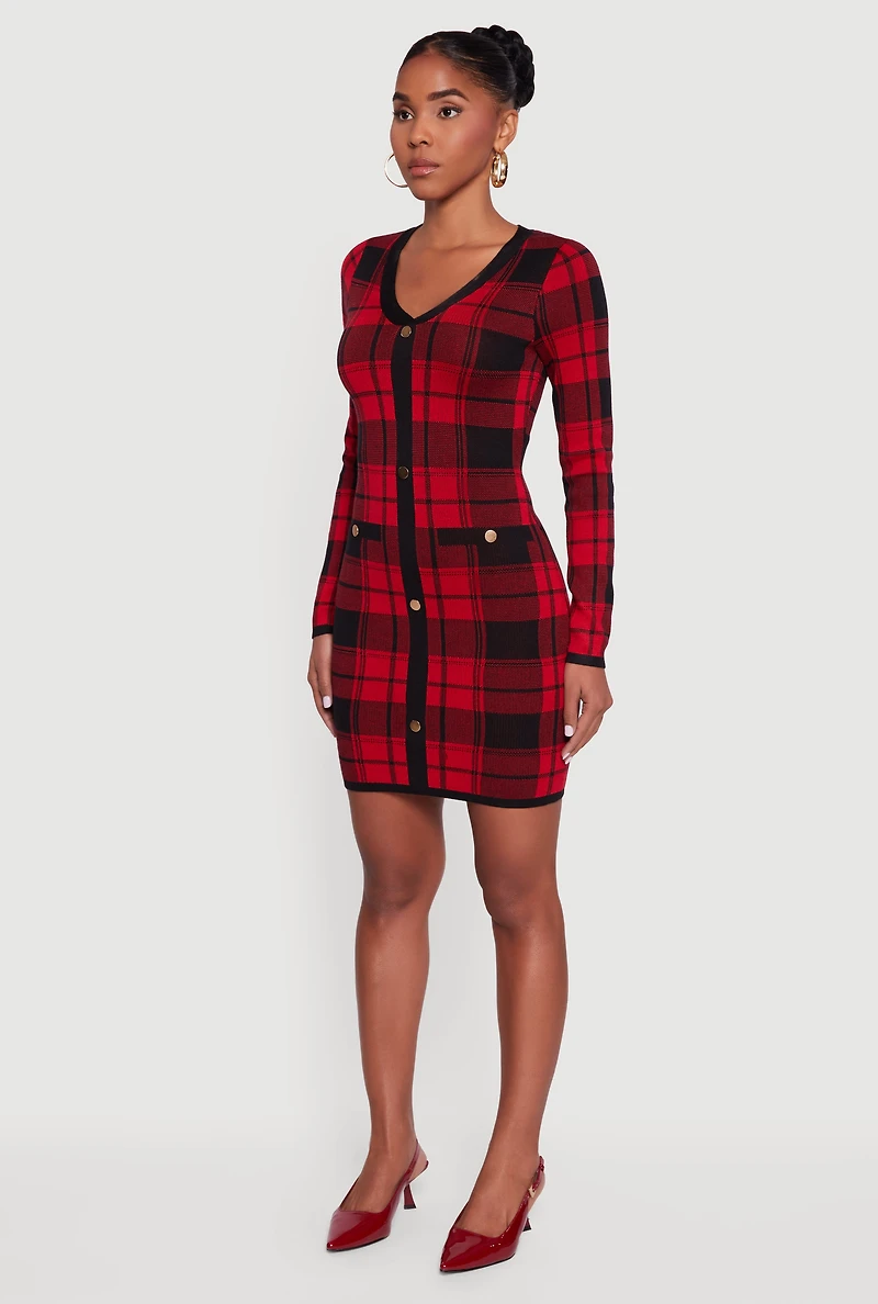 Womens Faux Button Long Sleeve V Neck Plaid Sweater Dress, Red, Size M
