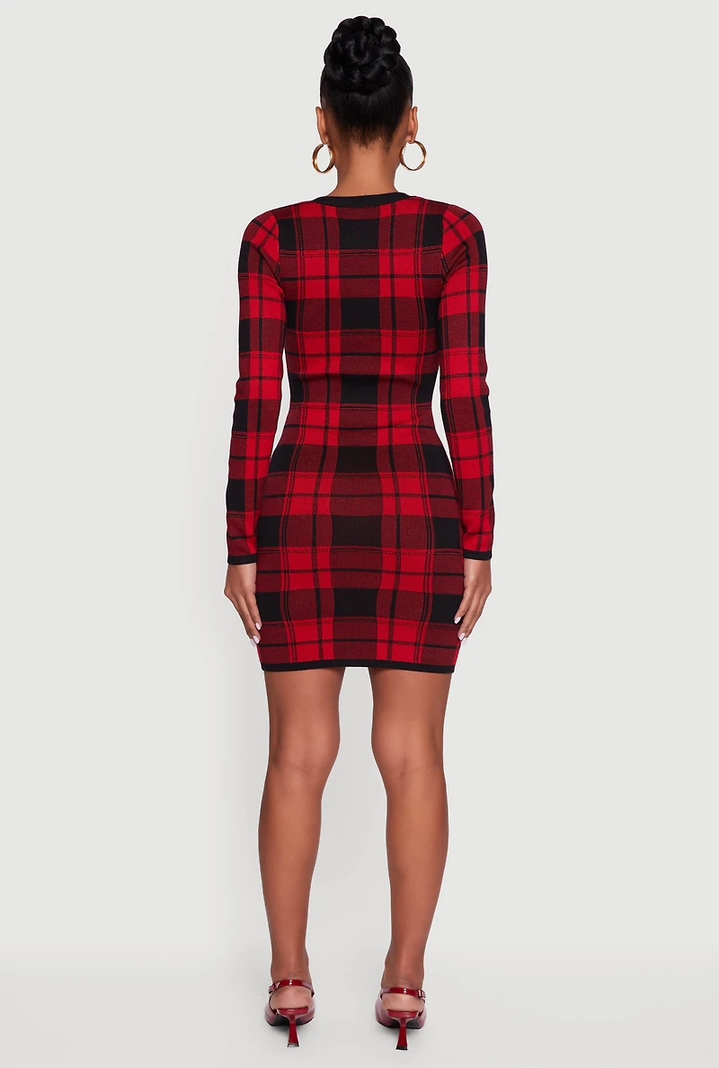 Womens Faux Button Long Sleeve V Neck Plaid Sweater Dress, Red, Size M